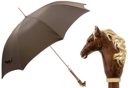 Ombrello da uomo marrone con cavallo smaltato