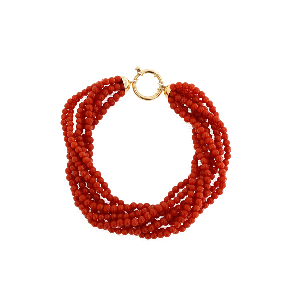 bracciale in corallo rosso con chiusura a gancio dorata