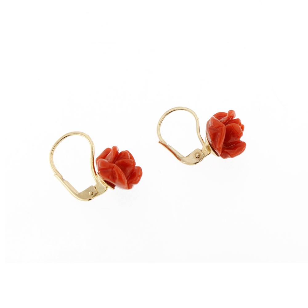 18 kt gold earrings with small red coral rose