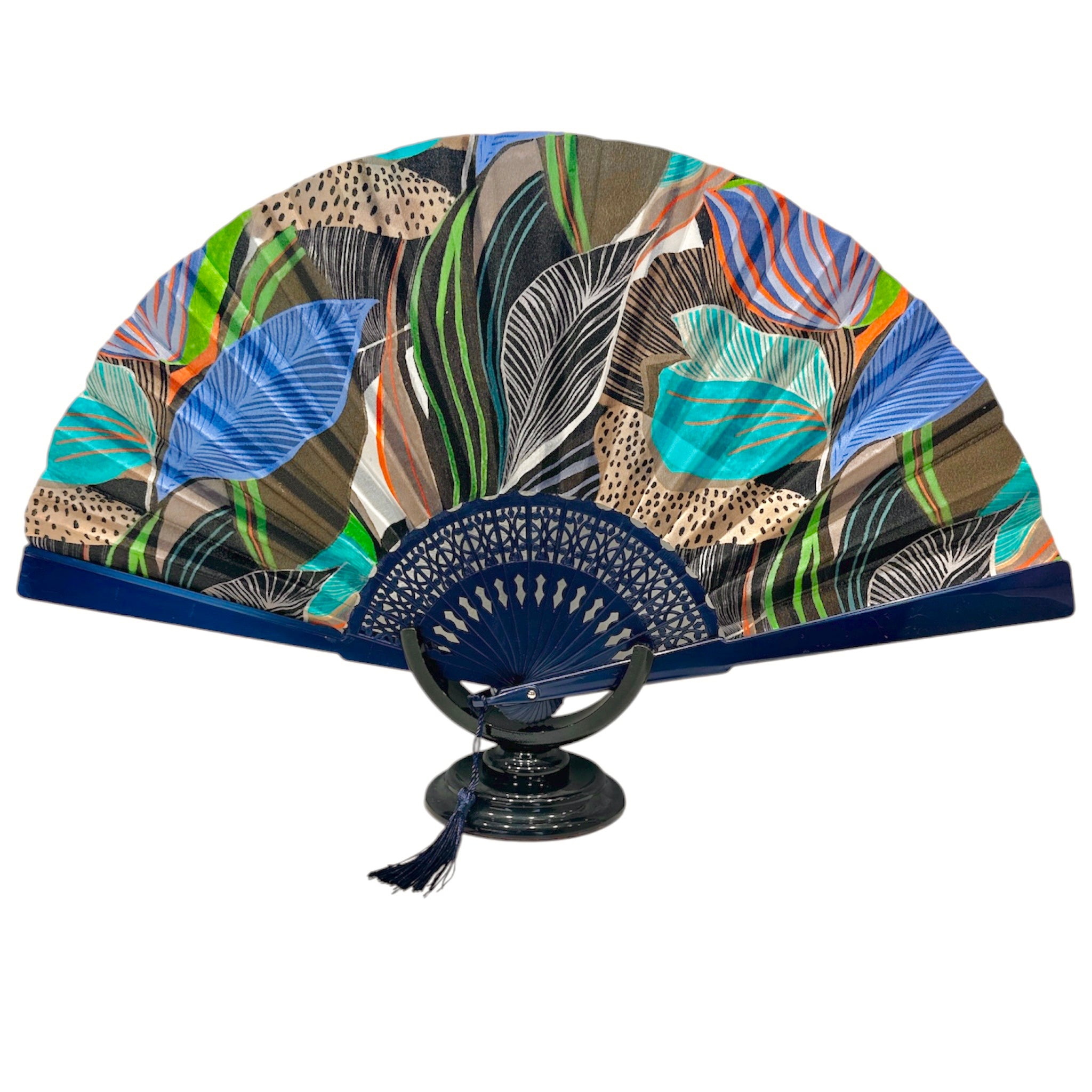 Blue patterned silk fan