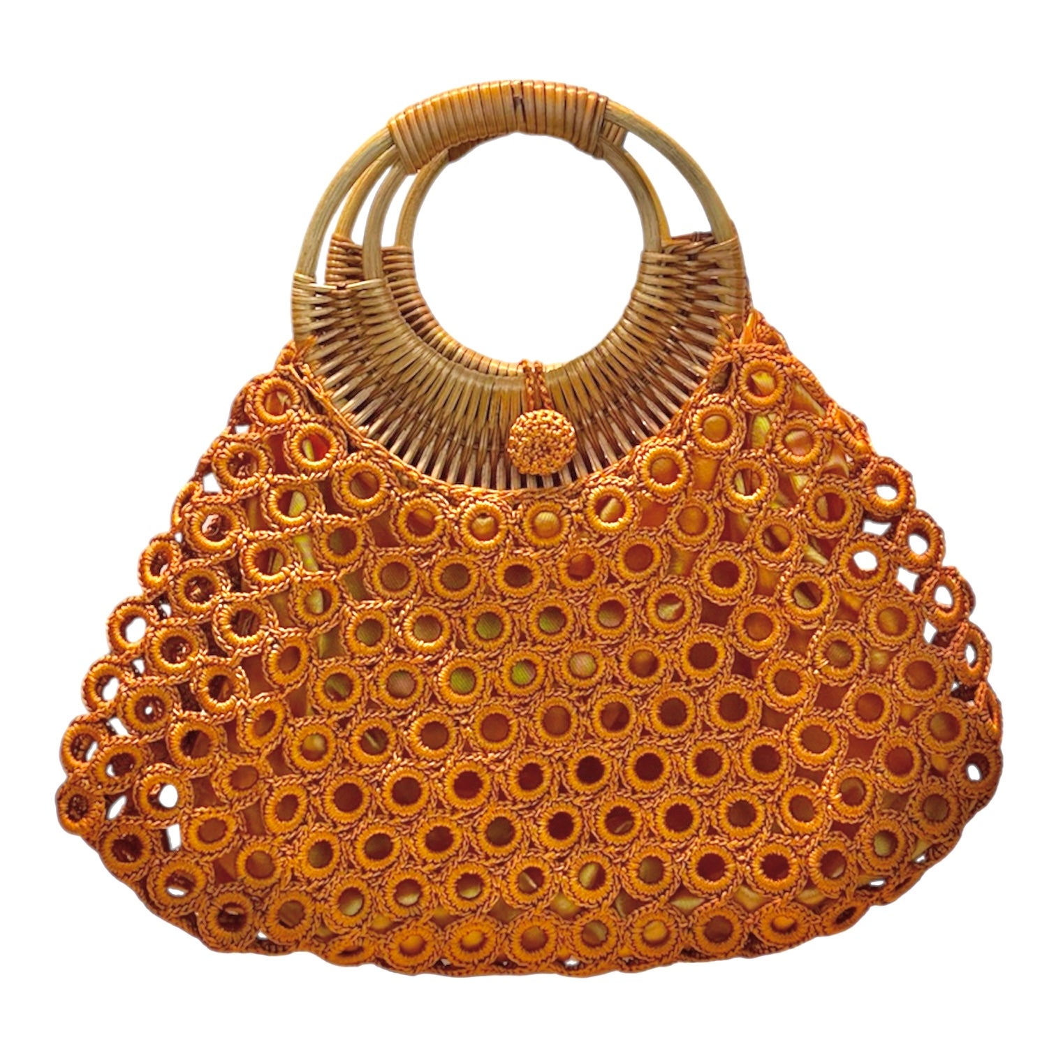 Orange crochet bag with bamboo handles