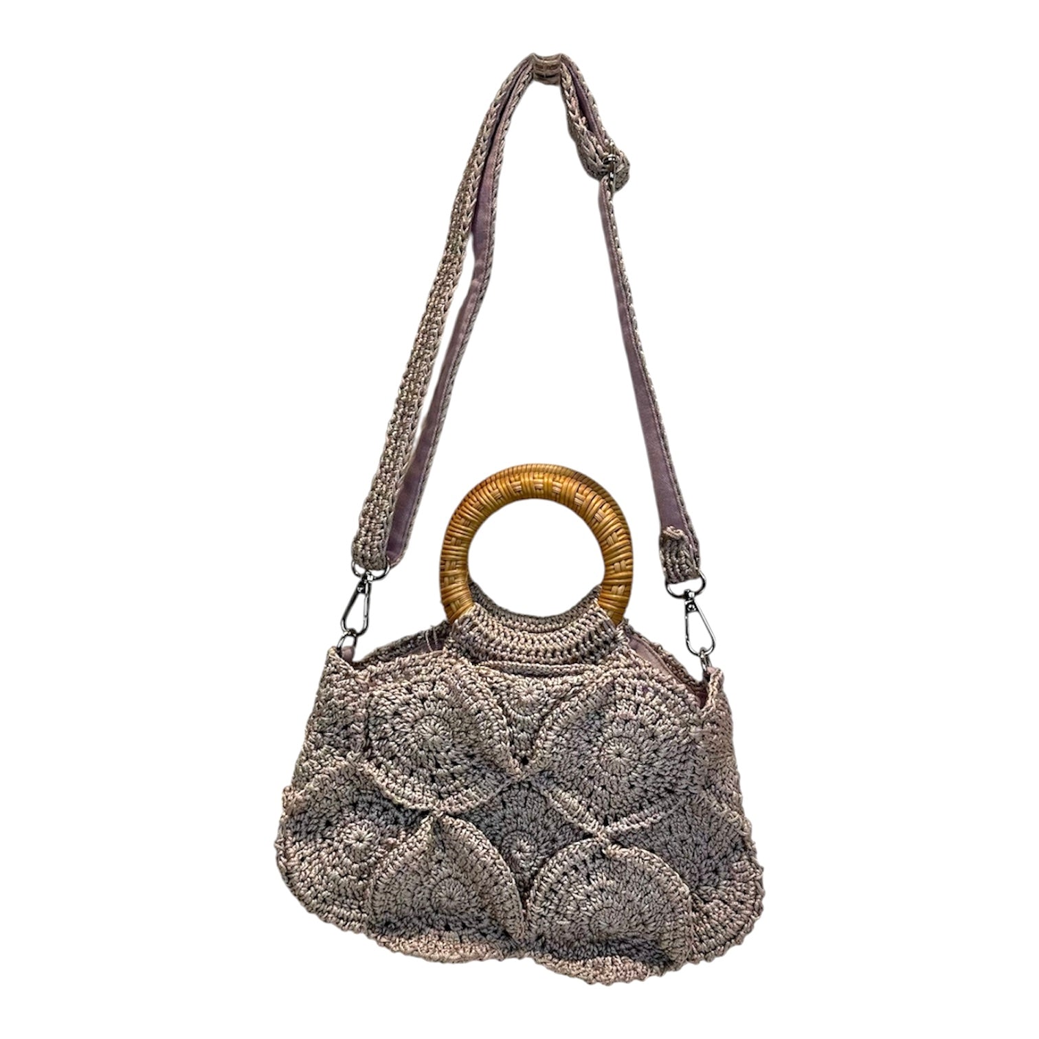 Borsa a uncinetto lilla con doppio manico in bambù