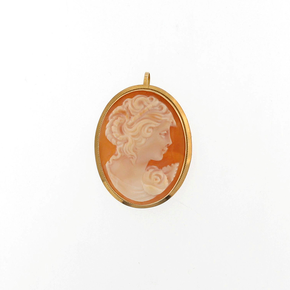 Spilla e ciondolo cammeo in oro e conchiglia corniola