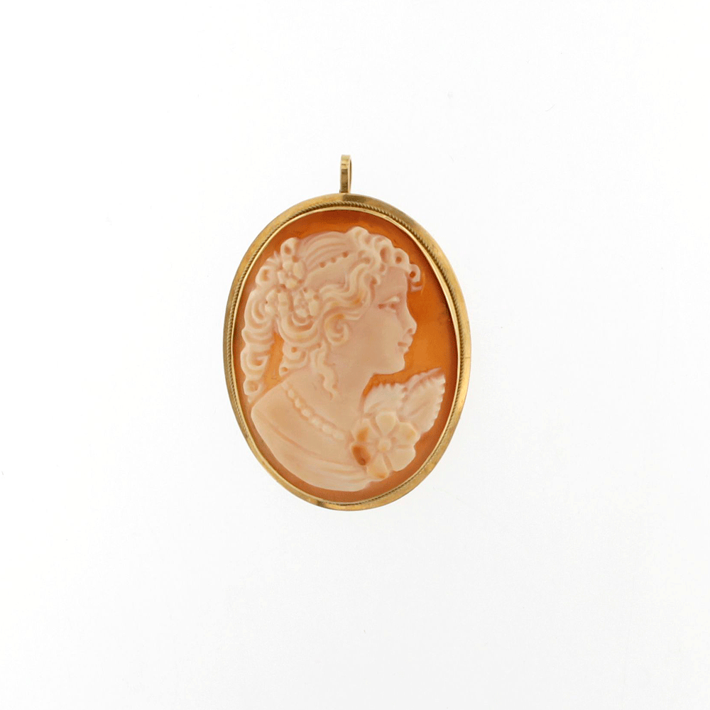 Spilla e ciondolo cammeo in oro e conchiglia corniola