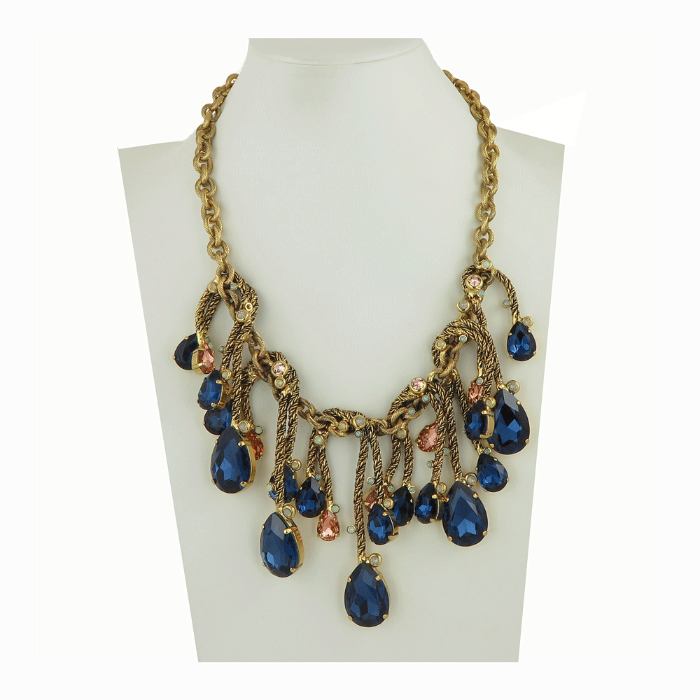 Collana di cristalli blu e rosa a goccia in ottone placcato oro giallo 18 kt