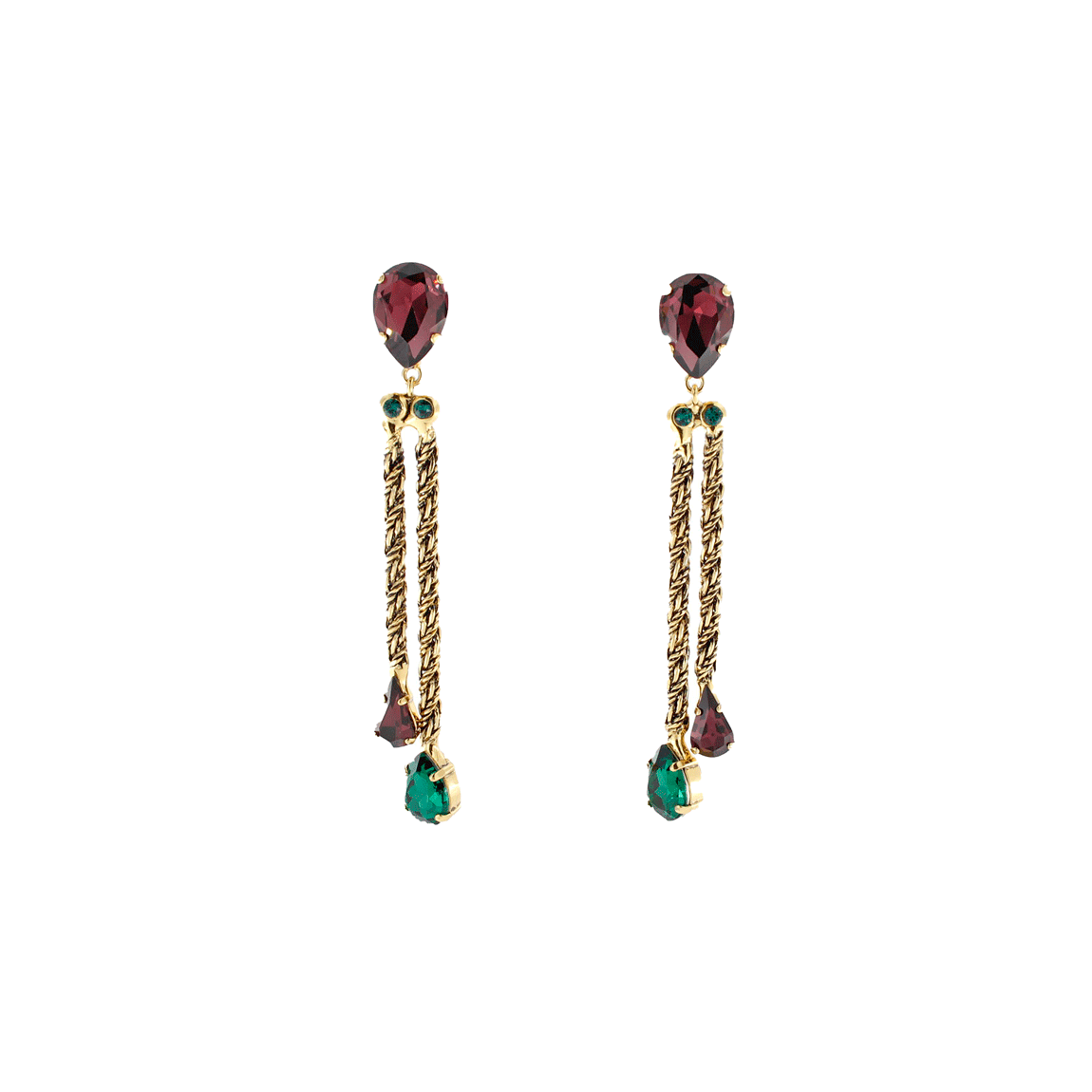 Orecchini pendenti con cristalli verde smeraldo e bordeaux