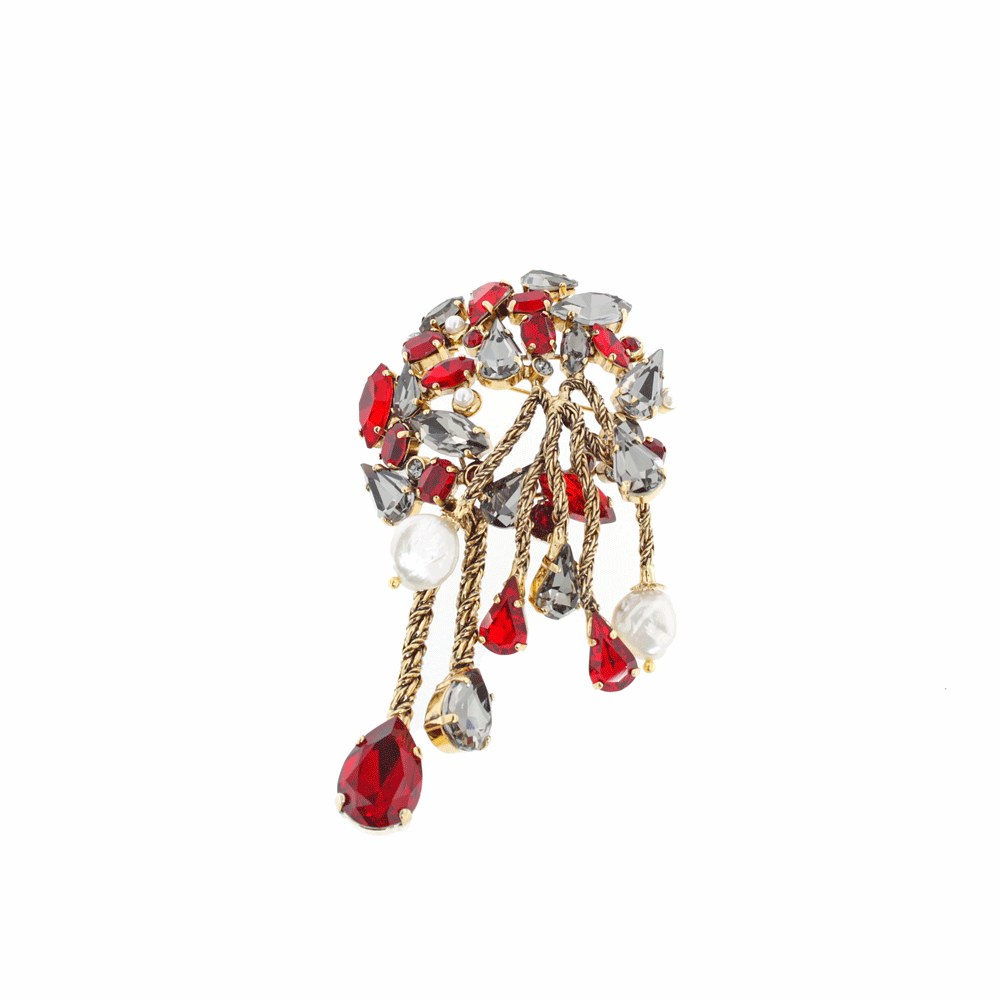 Spilla gioiello con cristalli rossi e perle di fiume