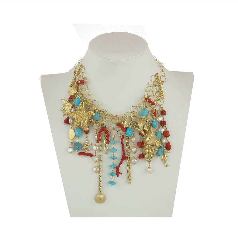 Chocker collana con turchesi, coralli, perle di fiume e ciondoli dorati