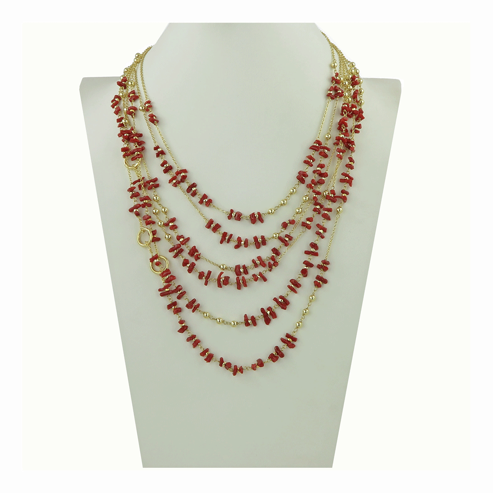 Collana in corallo rosso irregolare a sei fili