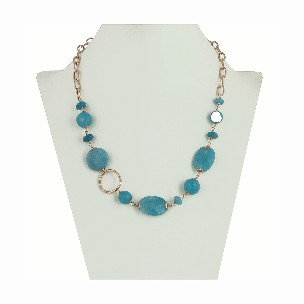 Collana con agata azzurra sfaccettata irregolare montata su catena argento rosé 925