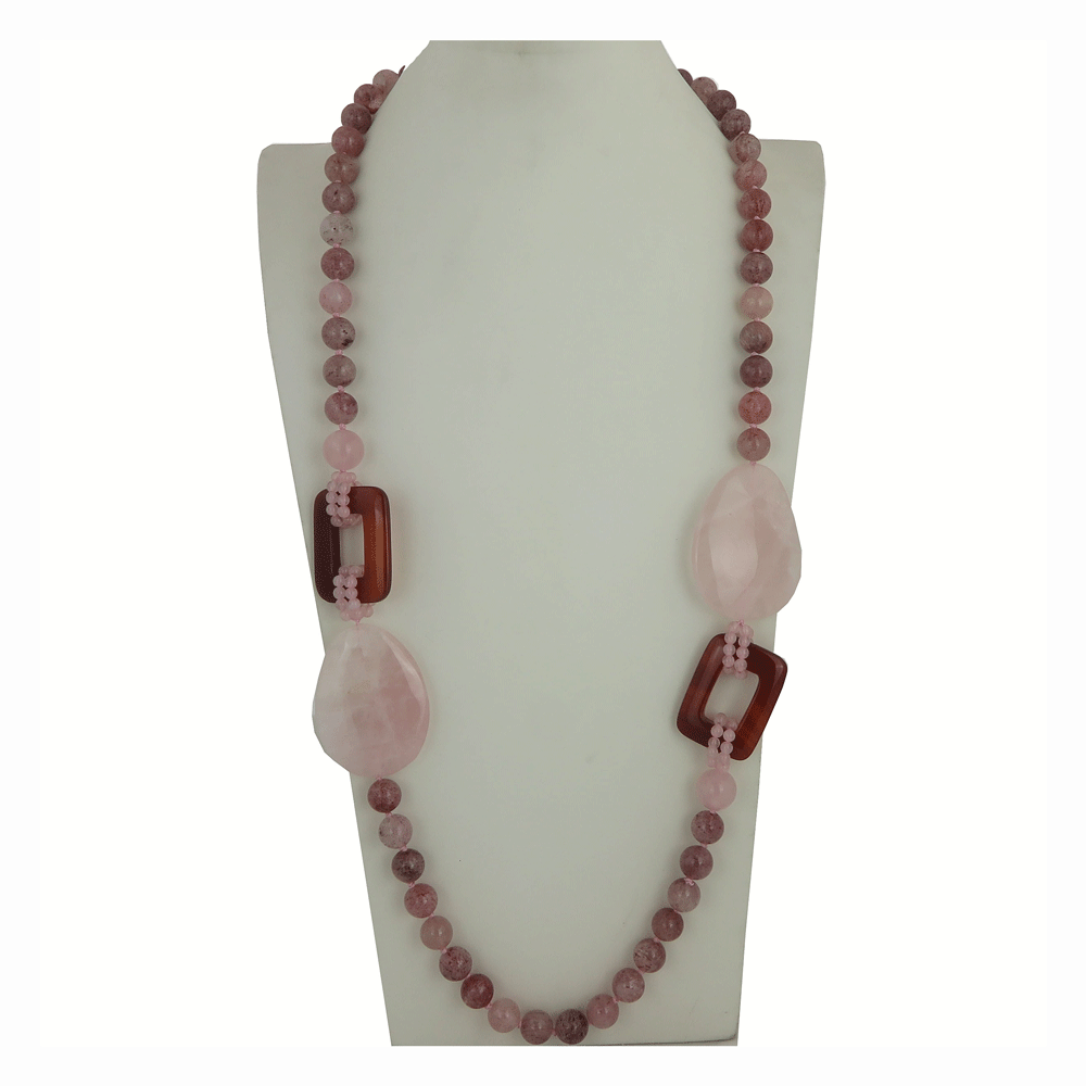 Collana lunga con quarzo rosa e corniola