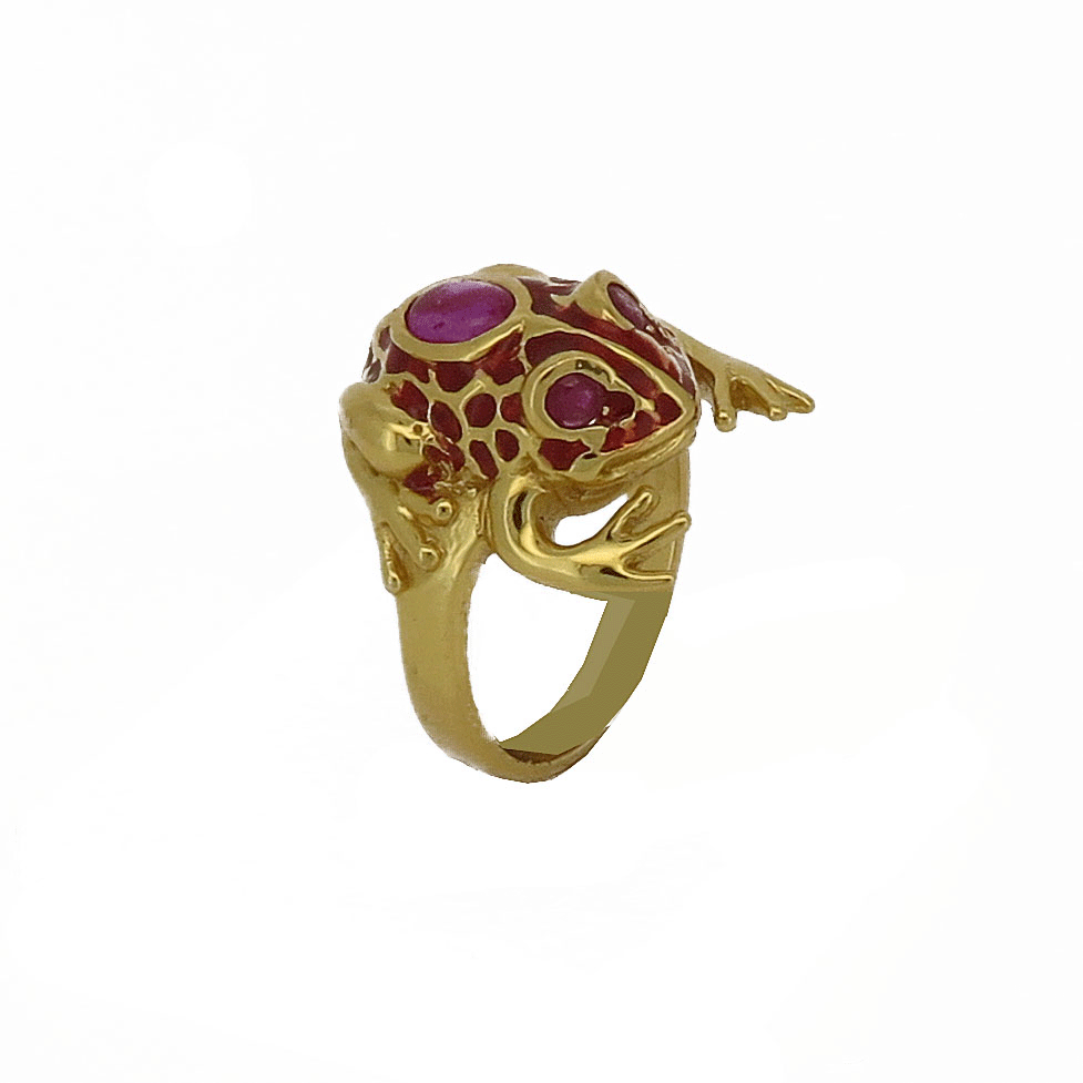 Anello in argento dorato con rana smaltata