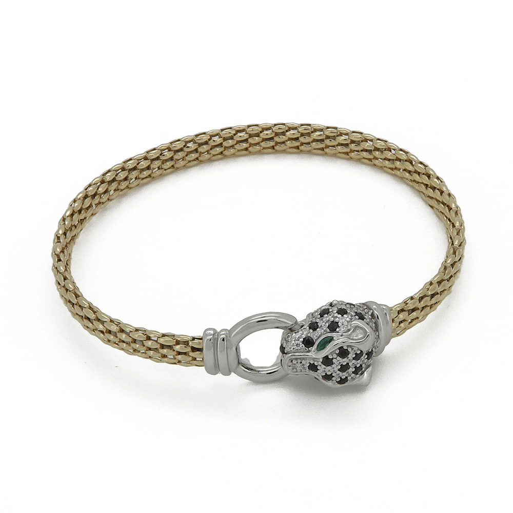 Bracciale in argento dorato con pantera con testa di pantera e zirconi neri