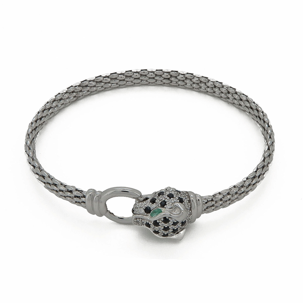 Bracciale in argento 925 placcato oro bianco, con testa di pantera con zirconi neri