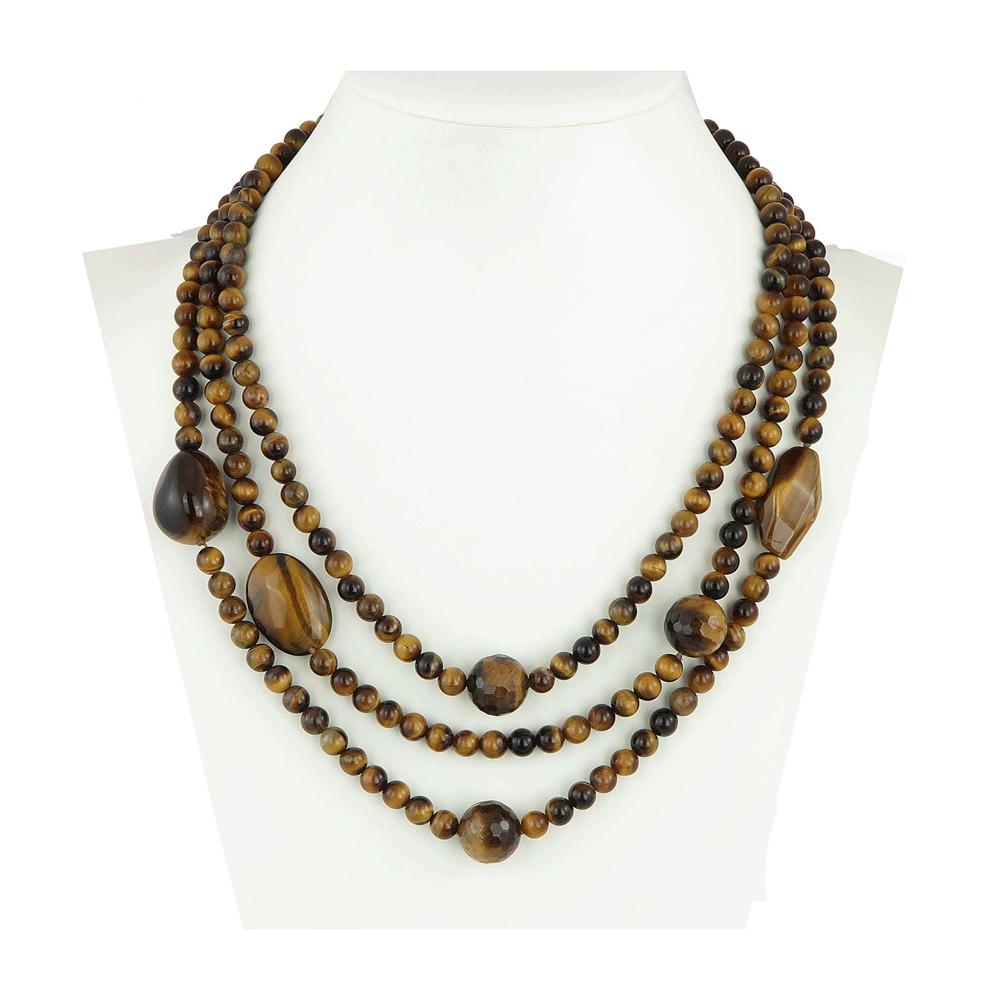 Collana in occhio di tigre naturale a tre fili con pietre ovali e sferiche – Viganò Milano 1919
