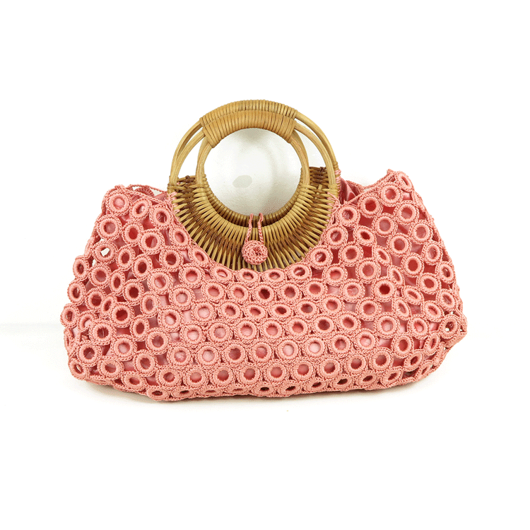 Antique pink bamboo and crochet bag