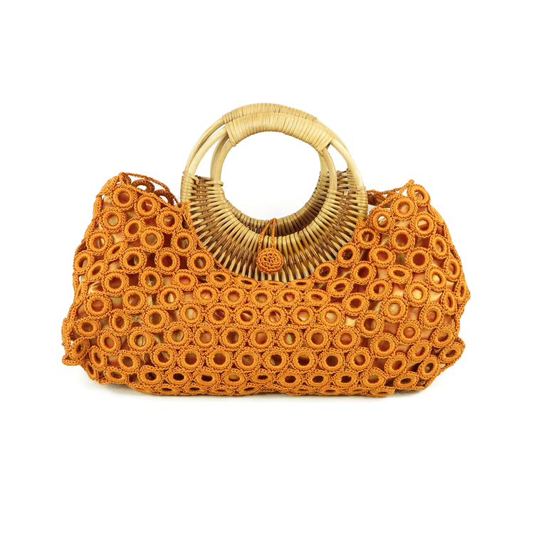 Borsa a uncinetto arancione con manici in bamboo