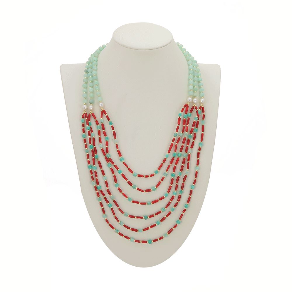 Collana di corallo e agata verde multifilo