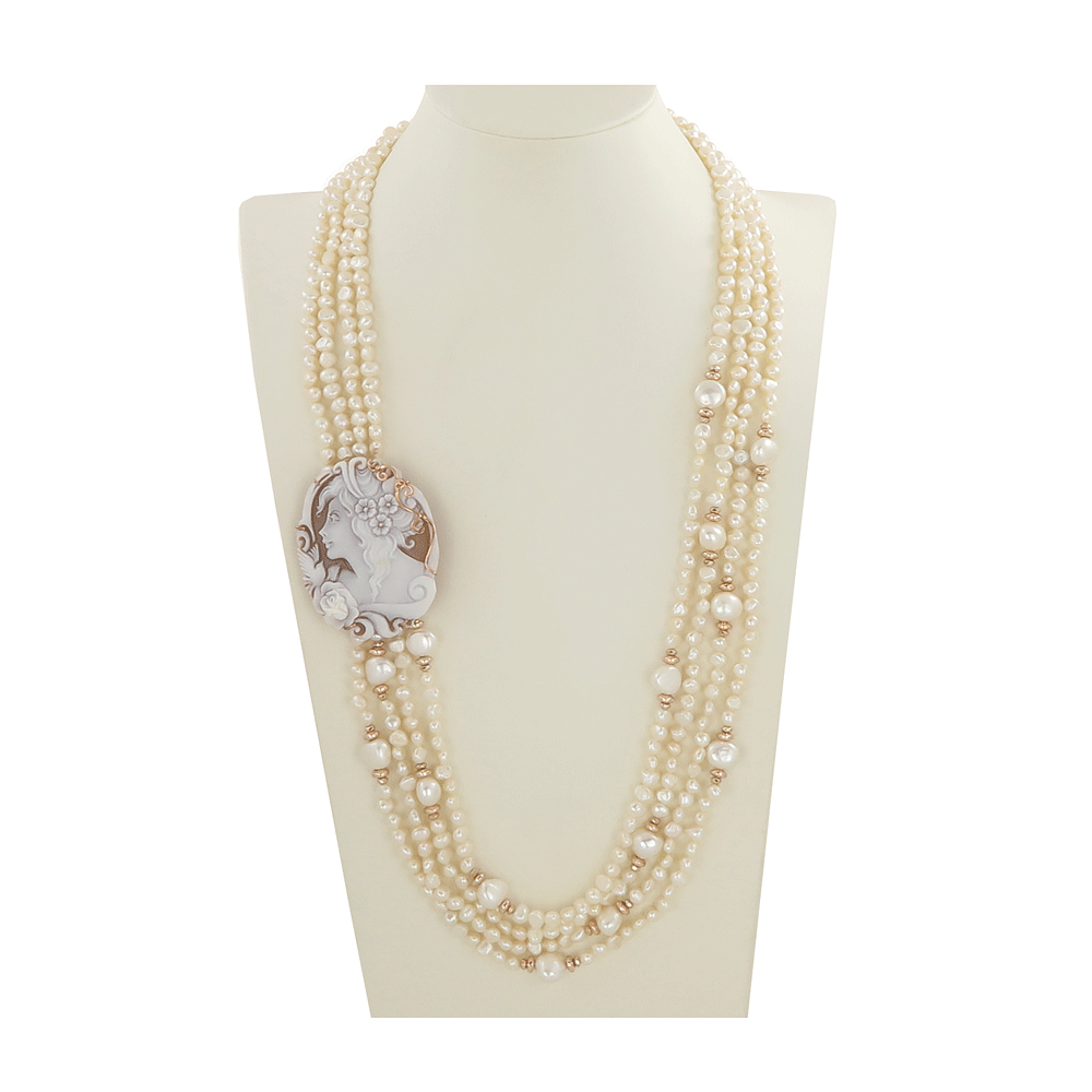 Collana di perle di fiume a 4 fili con cammeo