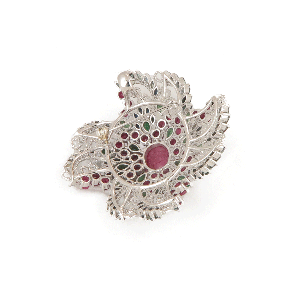 Spilla gioiello in argento con smeraldi e rubini
