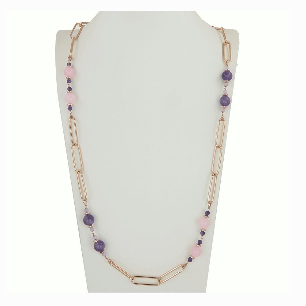 Silver necklace with rose quartz and amethyst