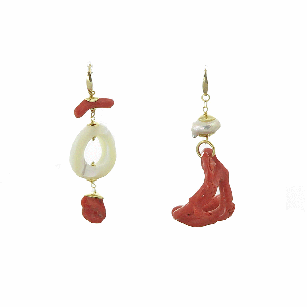 Asymmetrical drop earrings with red coral and mother of pearl