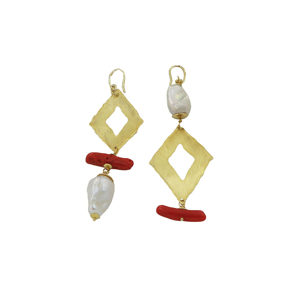 Asymmetrical drop earrings with coral and river pearls