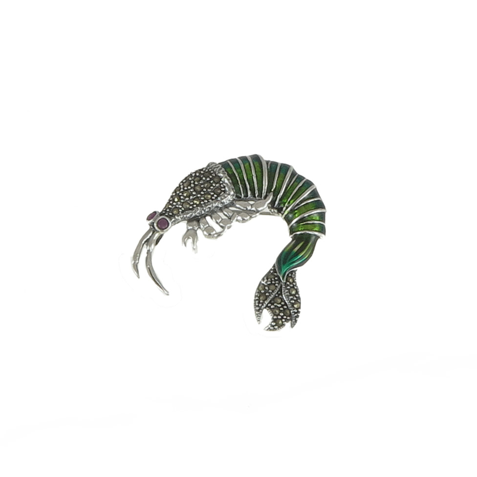 Enamelled shrimp silver brooch