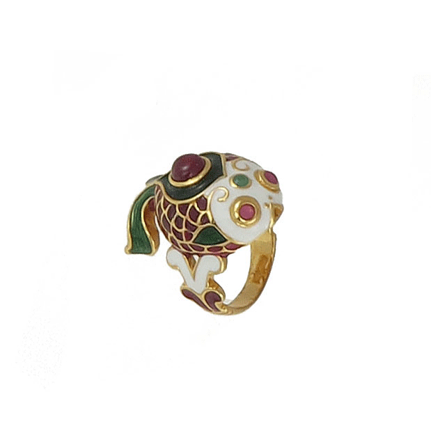 Gilded silver ring with large enamelled carp