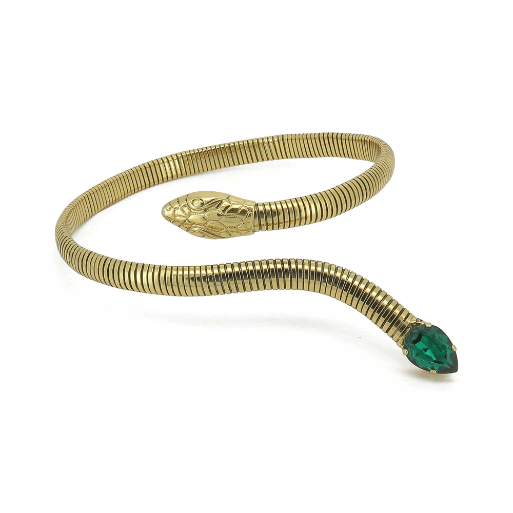 Collana a serpente tubogas in ottone con cristalli verdi