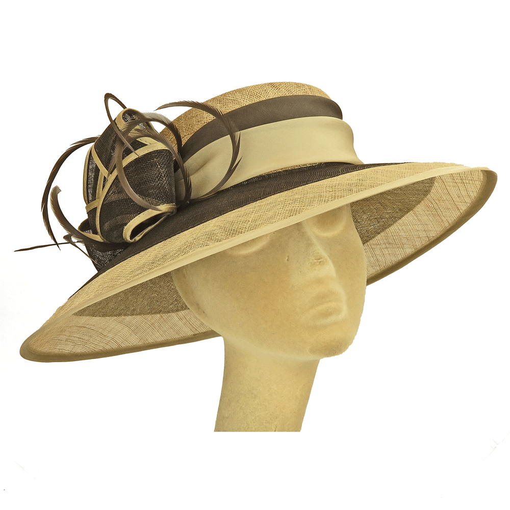 Cappello da cerimonia beige e cacao con piume