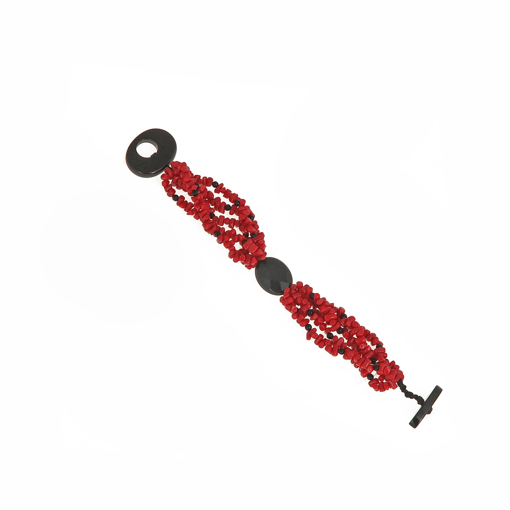 Bracciale in corallo rosso e agata nera a sei fili