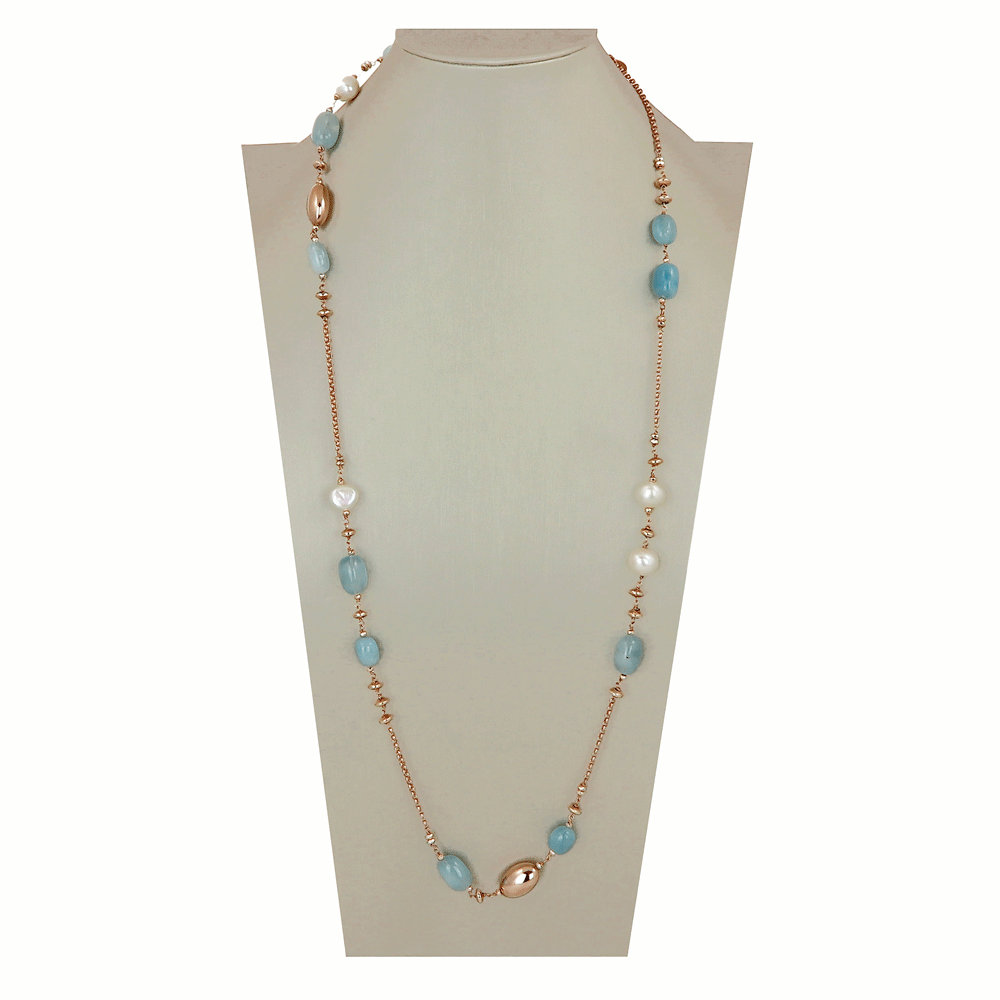 Long necklace with rosé and aquamarine chain
