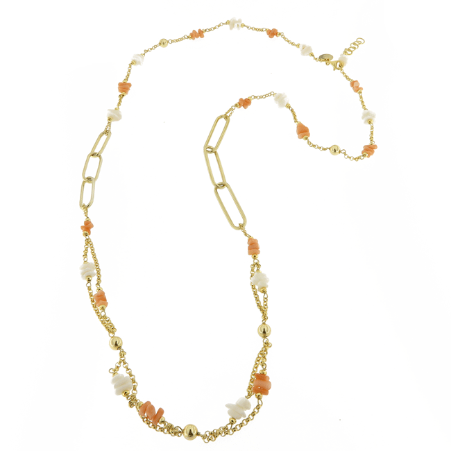 Collana dorata con corallo rosa e bianco