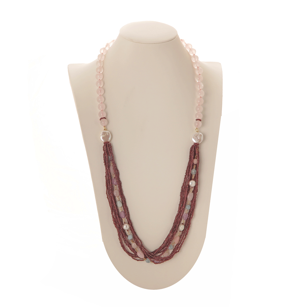 Multi-strand rose quartz and wine crystal necklace
