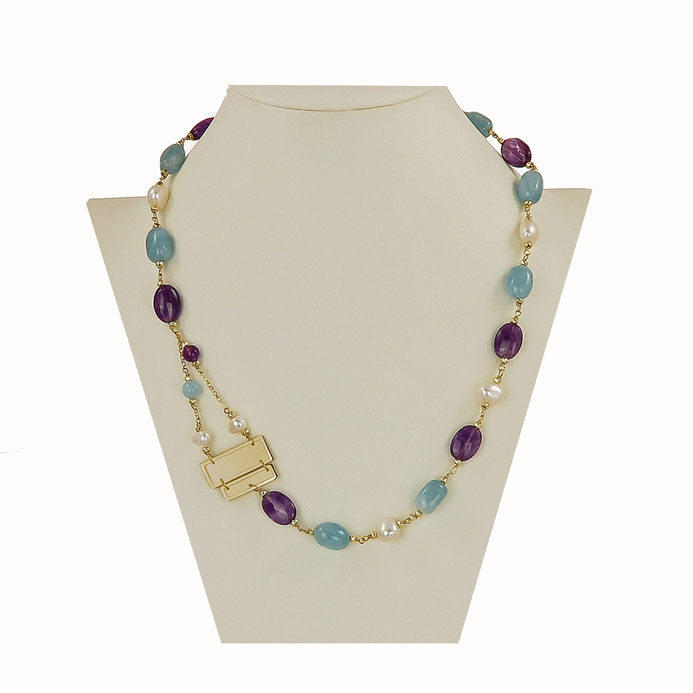Chain choker necklace with aquamarine and amethyst