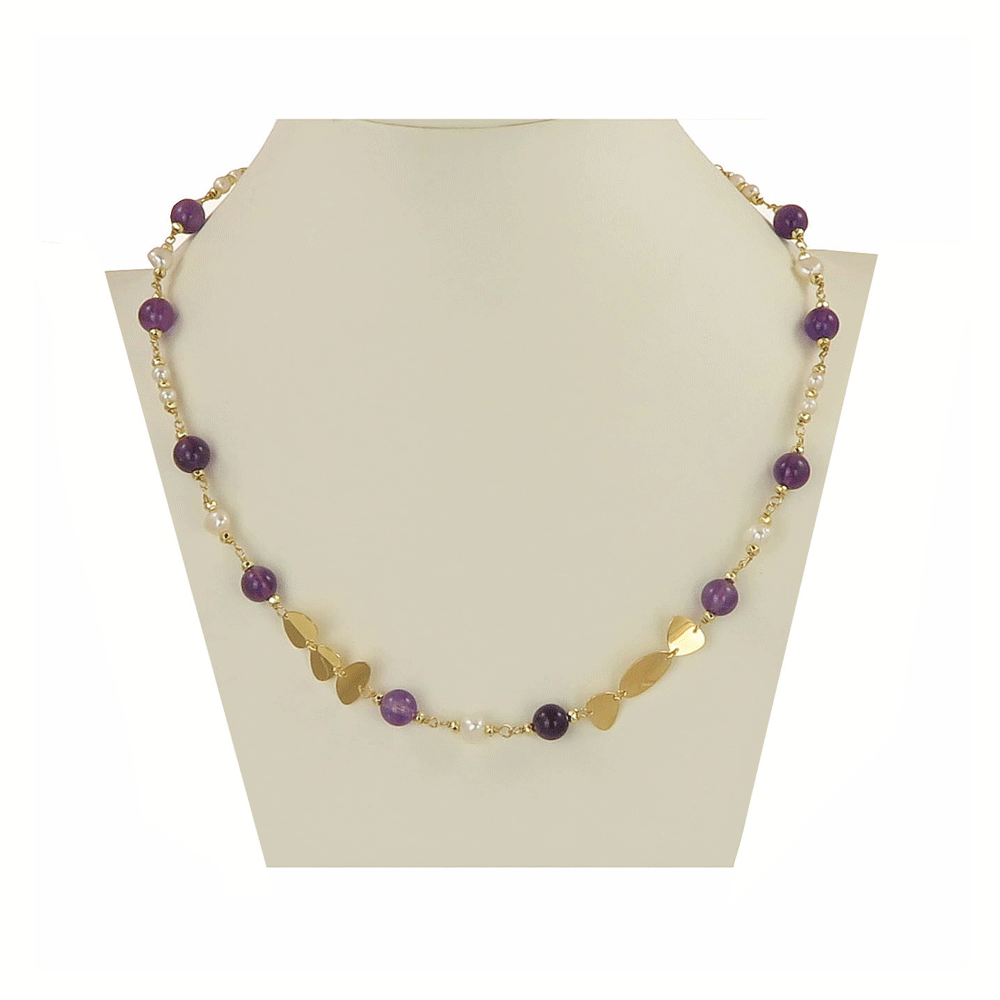 Choker necklace in gold-plated silver, beads and amethysts