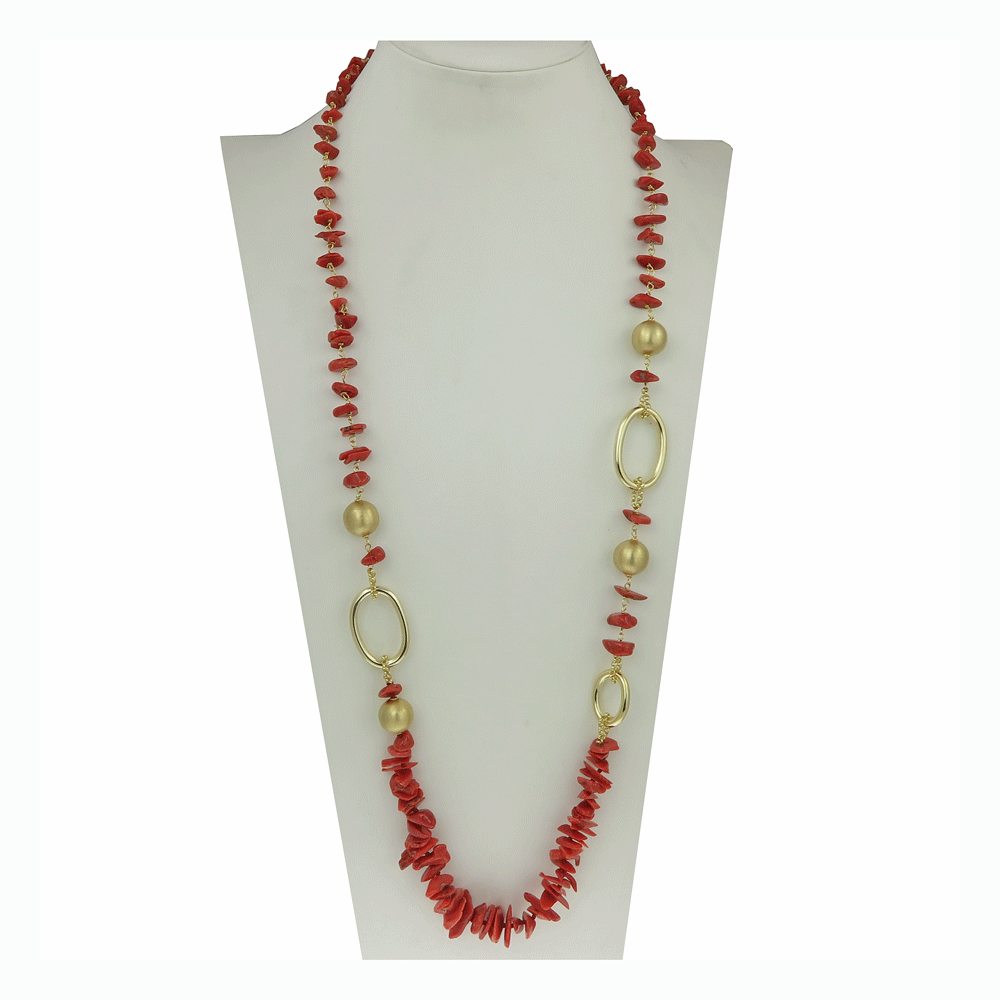 Collana lunga con scaglie di corallo rosso e argento placcato oro giallo