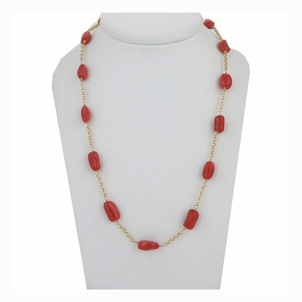 Collana in oro giallo 18 kt e corallo rosso a sassi