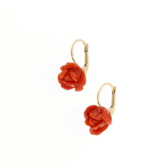 18 kt gold earrings with small red coral rose