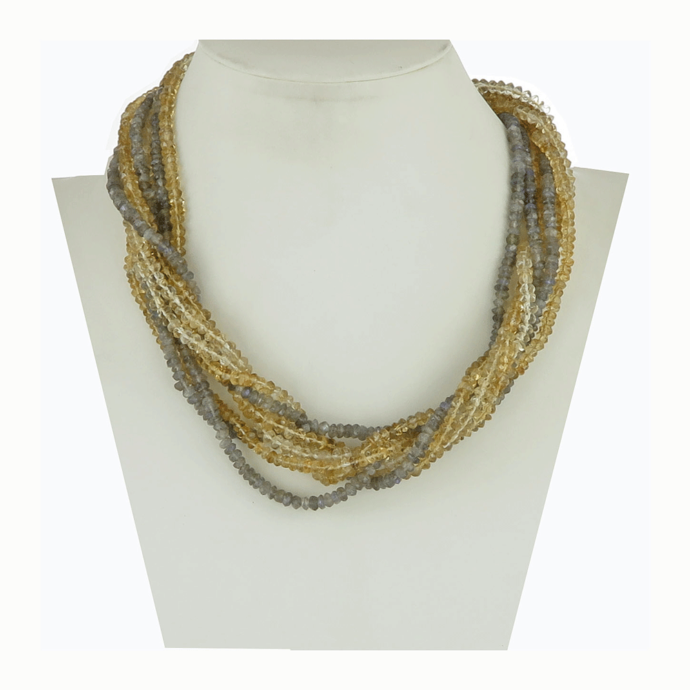 Collana torsade realizzata con tre fili di labradorite sfaccettato e cinque fili di topazio citrino sfaccettato