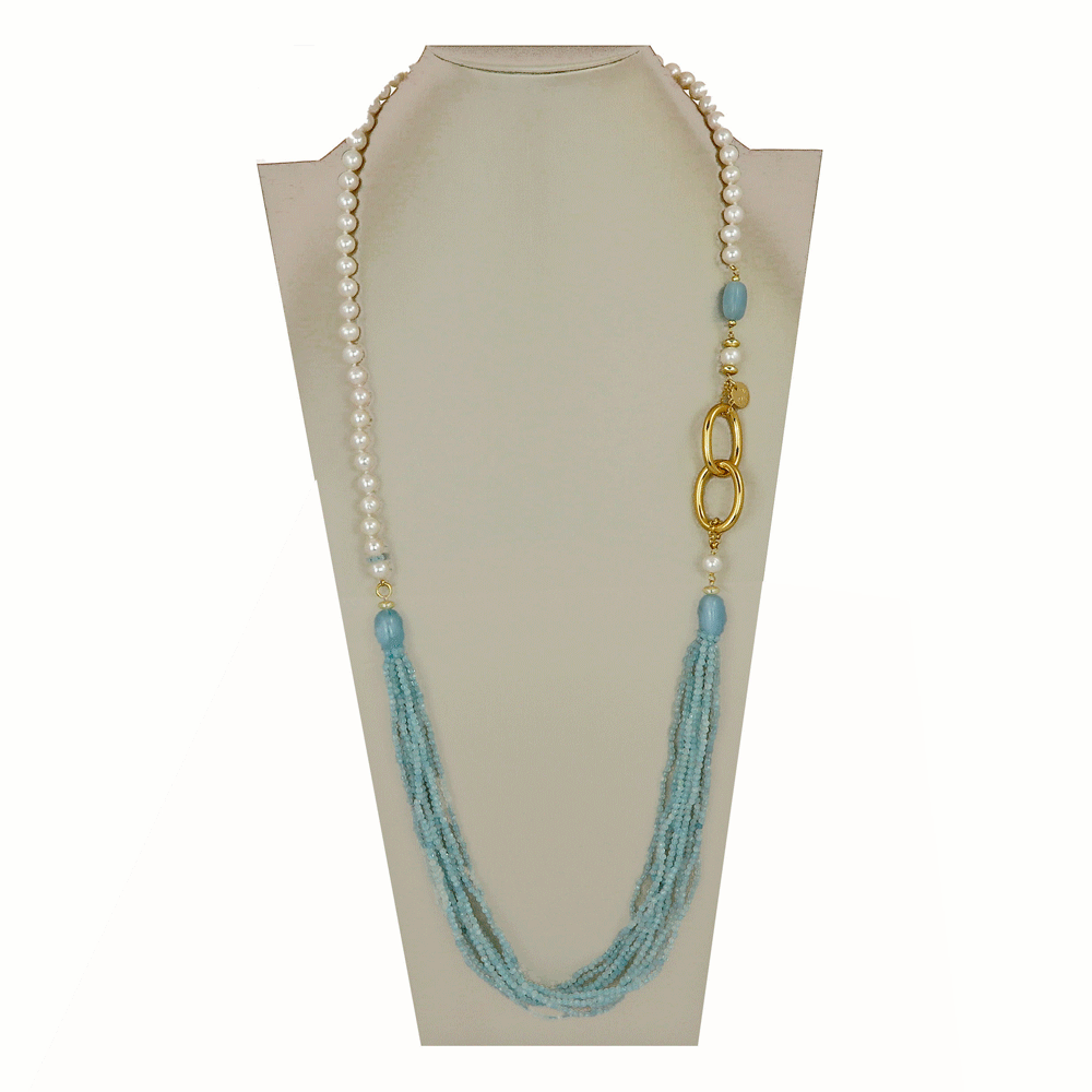 Collana lunga con acquamarina e perle