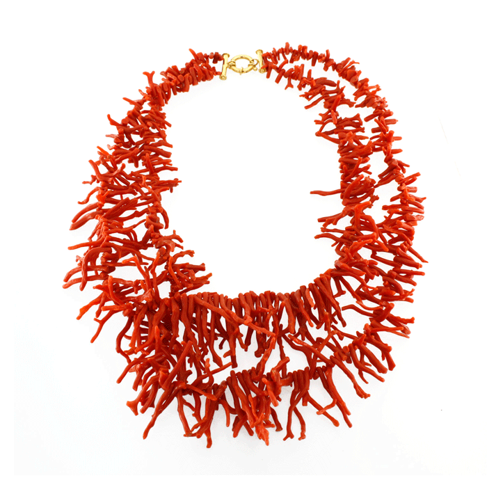 Collana girocollo in corallo rosso a frangia doppia