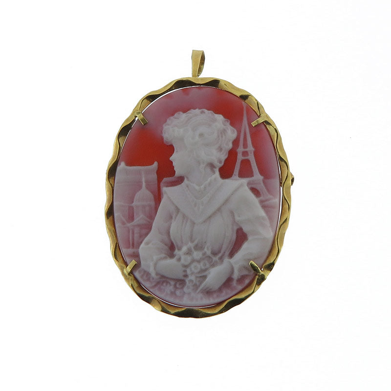 Gold cameo brooch and pendant with woman at the window