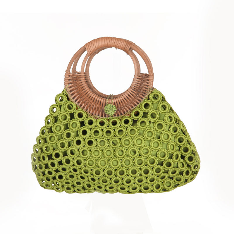 Borsa a uncinetto verde acido con manici in bamboo