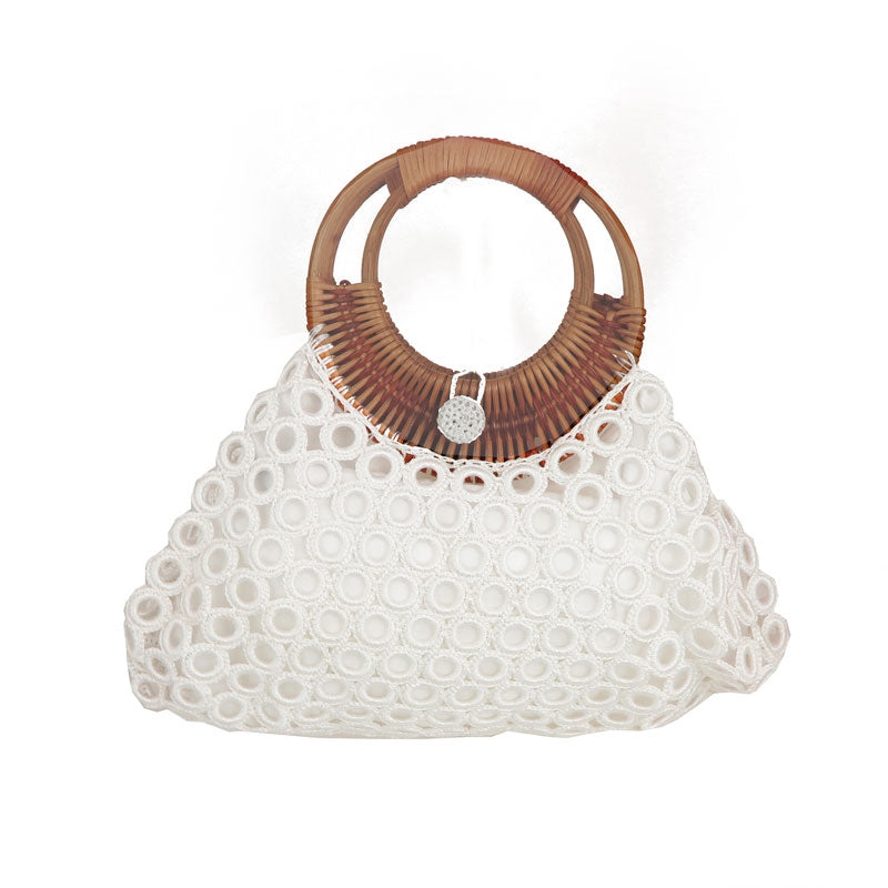 Borsa uncinetto bianca con manici in bamboo
