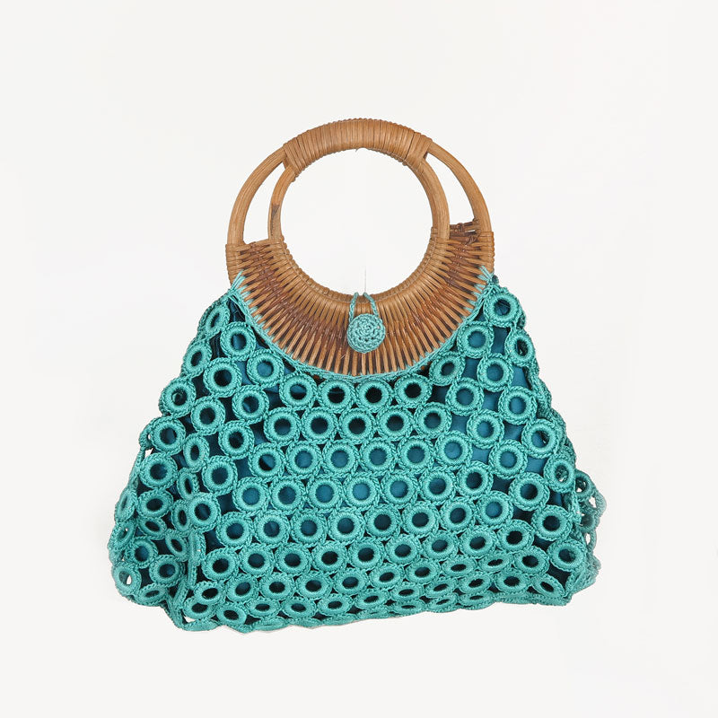 Borsa a uncinetto turchese con manici in bamboo