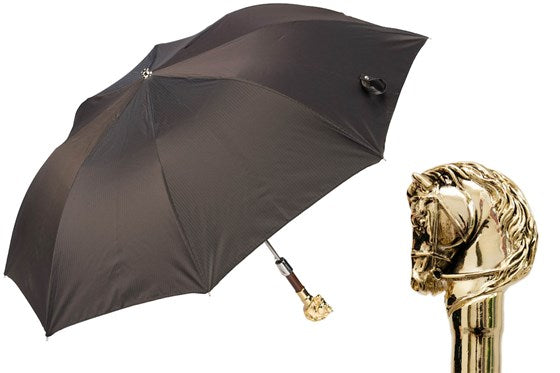 Brown Folding Umbrella for Men with Golden Horse