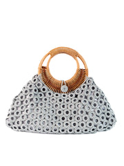 Borsa a uncinetto grigio perla con manici in bamboo