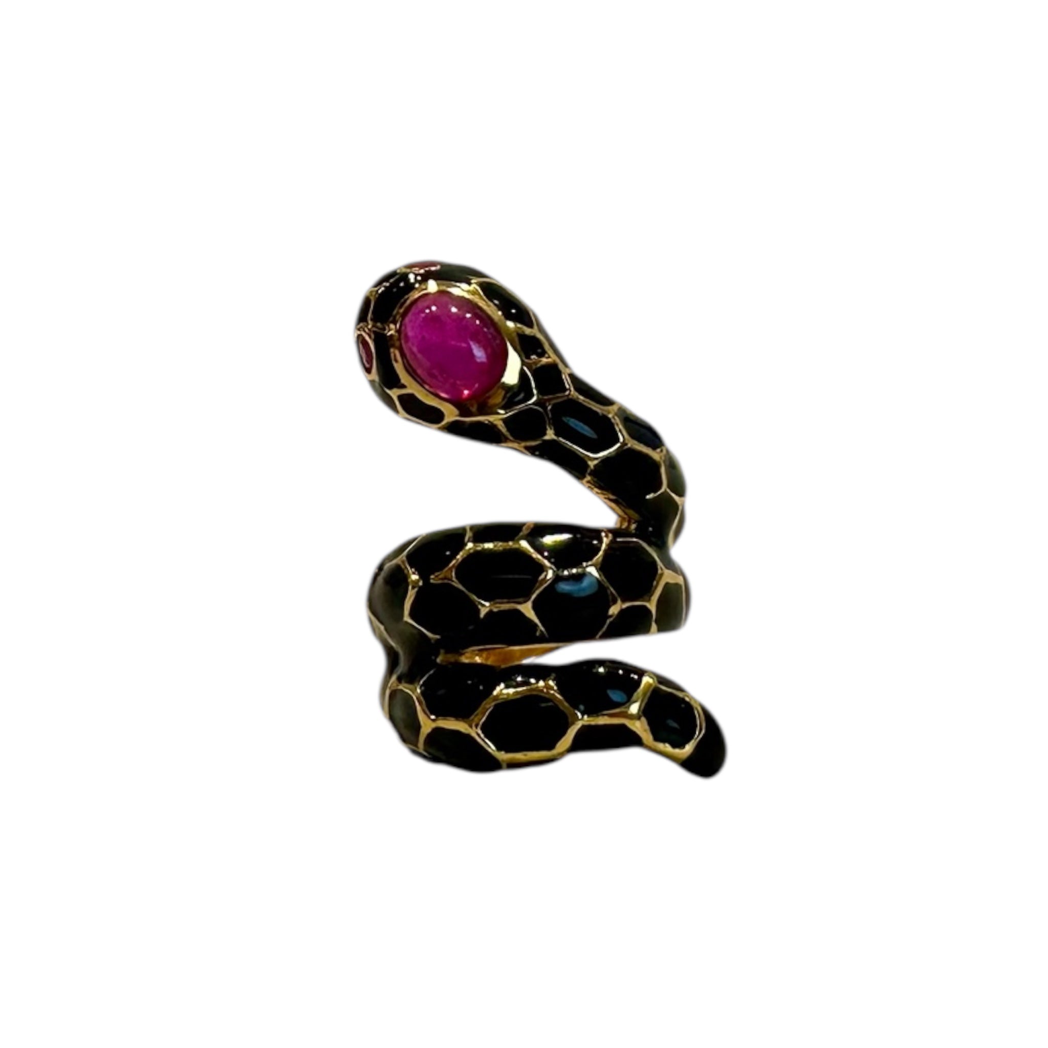 Anello con serpente in argento 925 placcato oro giallo raffigurante un serpente smaltato con rubino